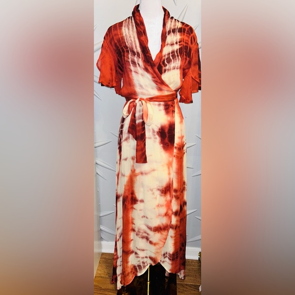 Raga SZ S NWT cream/orange tie dye patterned full wrap dress/bust 24”/waist 28”. - Picture 3 of 10
